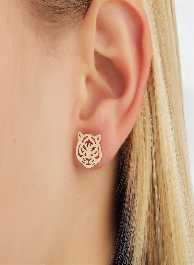 WCRAZYE Stainless Steel Animal Stud Earrings for Women Simple Tiger Head Stud Earrings Punk Hollow Animal Cartilage Pierced Hypoallergenic Studs Earring Fashion Jewelry Gifts (4 Pairs Tiger Earrings) - Image 2